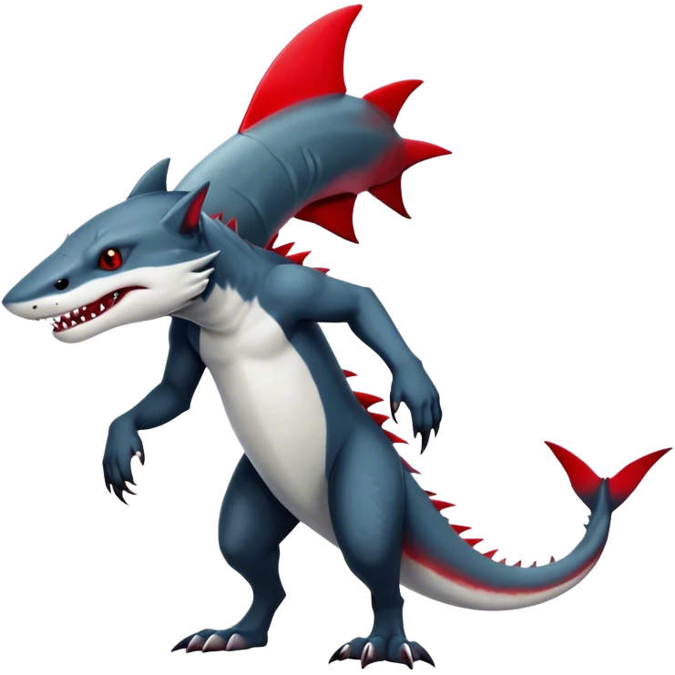 Cool Realistic dark edgy canine-vernid-sergal-fursona-hybrid-animal creature with a shark-tail and red scars, full body, with sharp markings  emoji