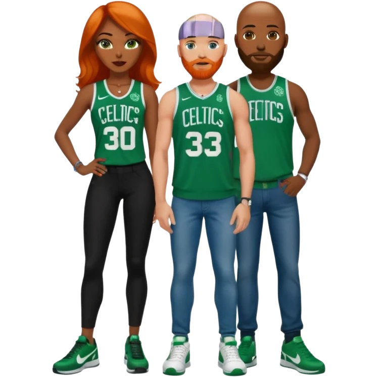 Bald white man with blue eyes, an orange beard, a Jason Tatum jersey, jeans and green/white Nike sneakers. 

48-year-old dark skin black woman with brown eyes, long dark brown hair dressed in sexy Boston celtics outfit & wearing stilettos. emoji