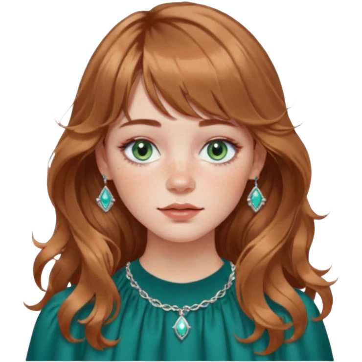 Woman with light light brown wavy hair and curtain bangs, freckled fair skin, blue-green eyes, rosy lips, septum ring, soft natural makeup, delicate silver jewelry, relaxed expression. emoji