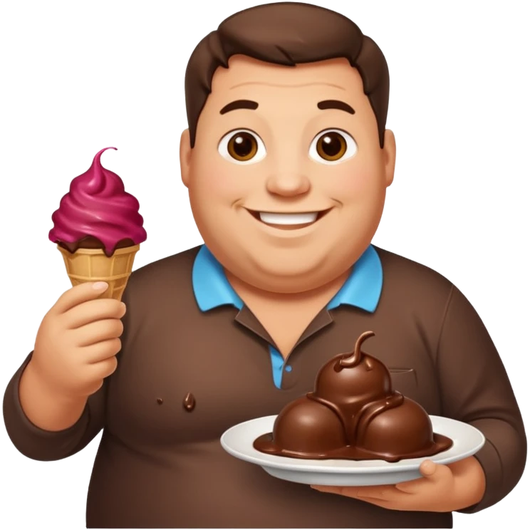 A fat man with a plate of chocolate ice cream emoji
