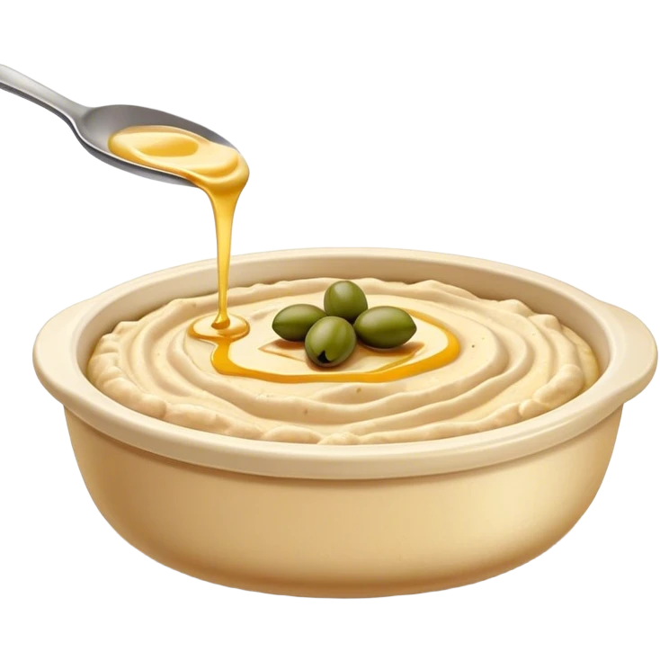 Cinematic Realistic Hummus Dish Emoji, depicted as a creamy chickpea dip drizzled with olive oil rendered with rich textures and warm, inviting lighting. emoji