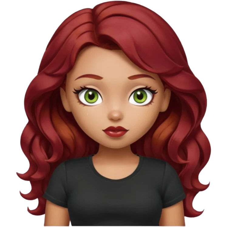 a pretty fair bratz girl with wavy dark red hair, wearing a black tee. eyeliner on, olive green eyes. Till stomach emoji