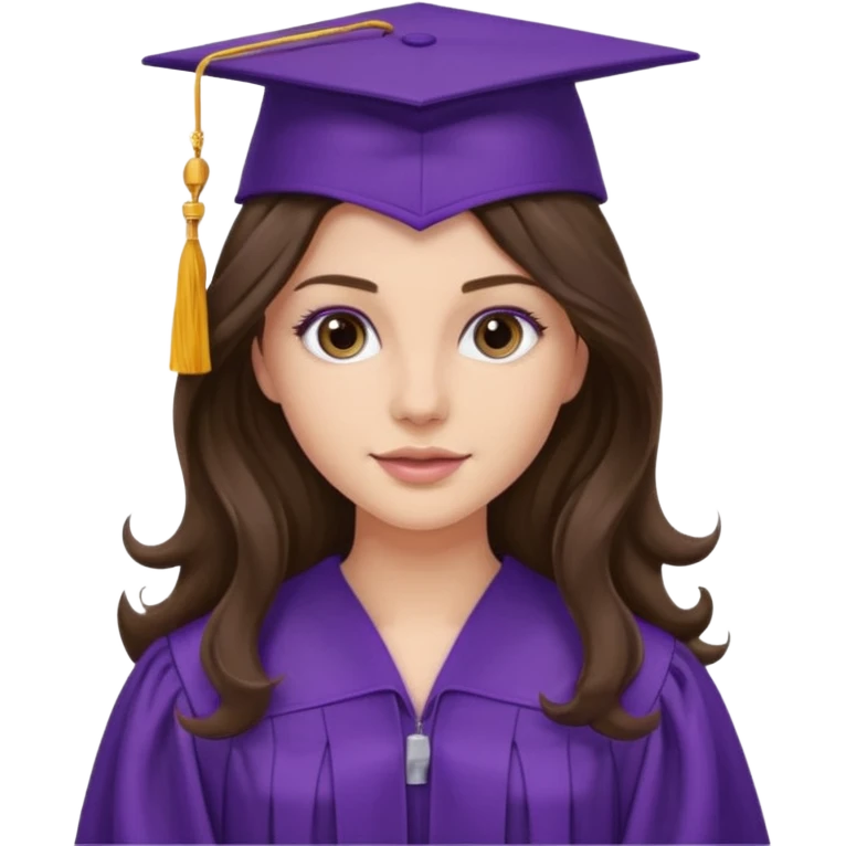 pretty brunette with long wavy hair wearing a purple graduation cap and gown emoji