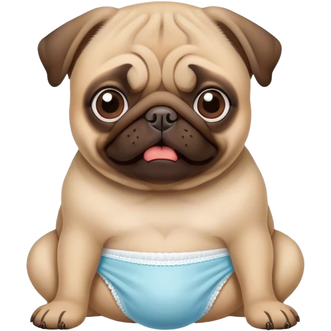 The pug poops on a diaper and looks into the frame with a funny face emoji