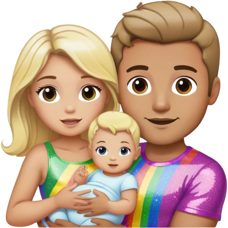 Brunette man and brunette woman with blonde baby gay rainbow glitter pride emoji