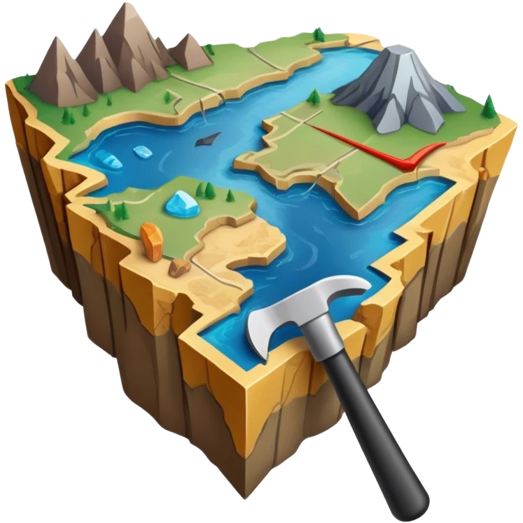 An icon featuring a crowbar and a geological map, and layers of Earth’s crust, symbolizing geology. The design includes mineral samples, fossils, and tectonic plates, representing the study of Earth’s structure and natural processes. Transparent background highlights geological exploration emoji