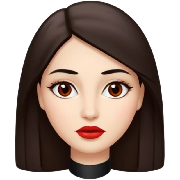 A woman emoji with fair skin, long straight dark brown hair parted in the middle, an oval-shaped face, arched dark eyebrows, almond-shaped brown eyes, a small nose, and full lips colored with red lipstick. emoji
