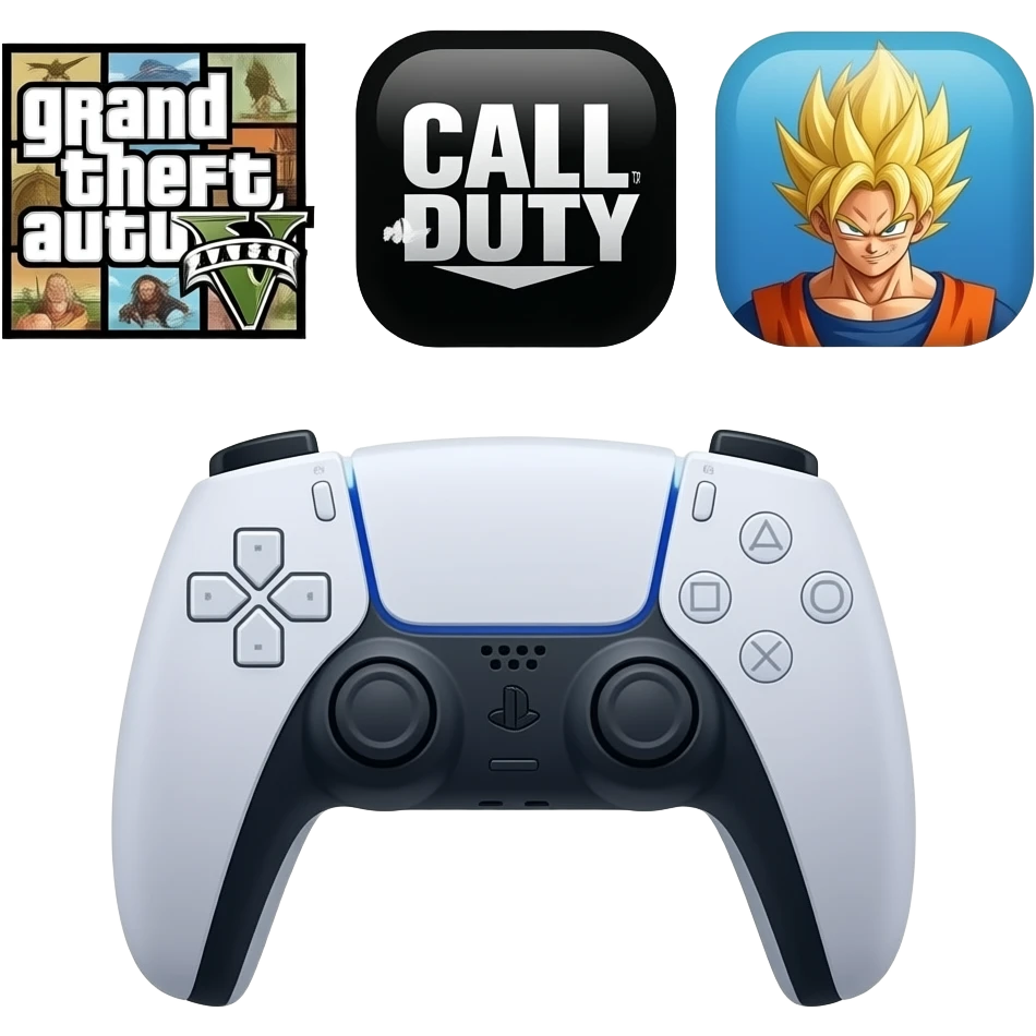 icone avec a l interieur des icone de jeu grand theft auto 5   call off duty et dragon ball z et une mannette ps5 devant emoji