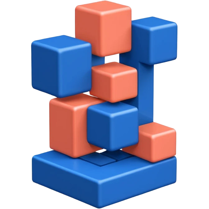 Modern minimal emoji: building blocks + connection flows + gear. Deep blue and coral colors. Professional no-code expert signature. Geometric clean style. emoji