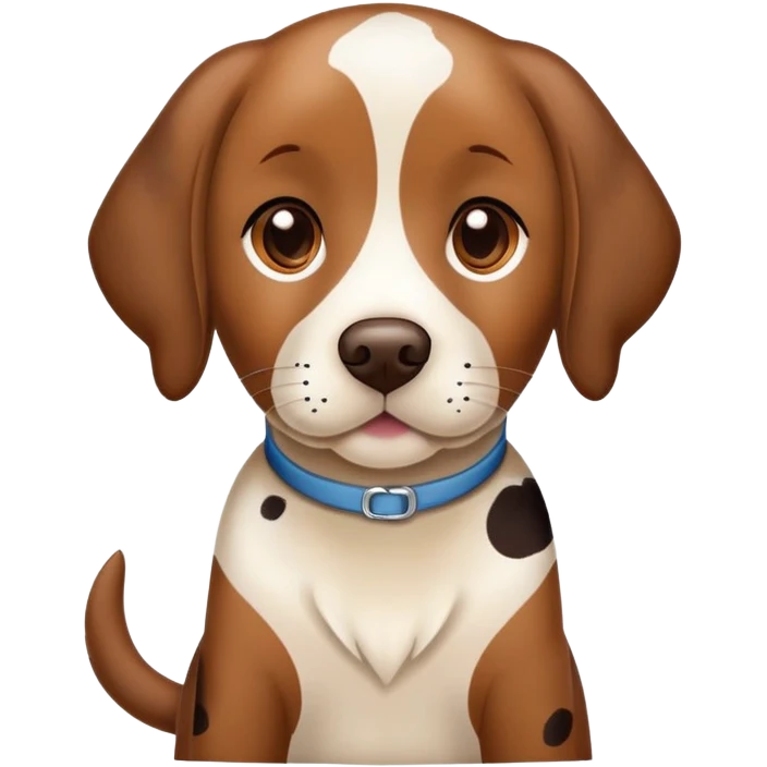 spotted brown Labrador retriever with calico pattern, friendly face emoji