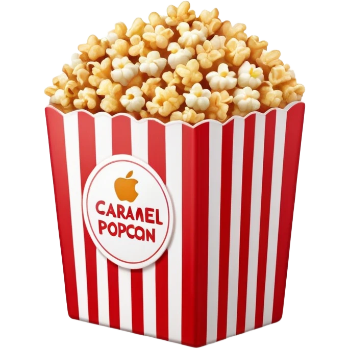 flat design caramel popcorn in red and white striped box, minimal details, Apple emoji aesthetic emoji
