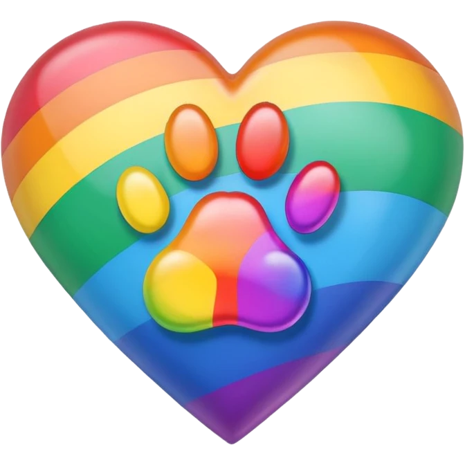 rainbow pride heart with a paw print on top, soft drop shadow, no text emoji