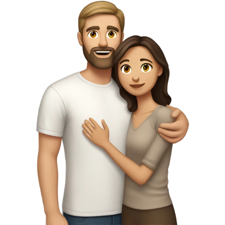 Dark brown haired white man with brown beard hugging beautiful woman with medium tan skin and short shoulder length dark brown hair  emoji