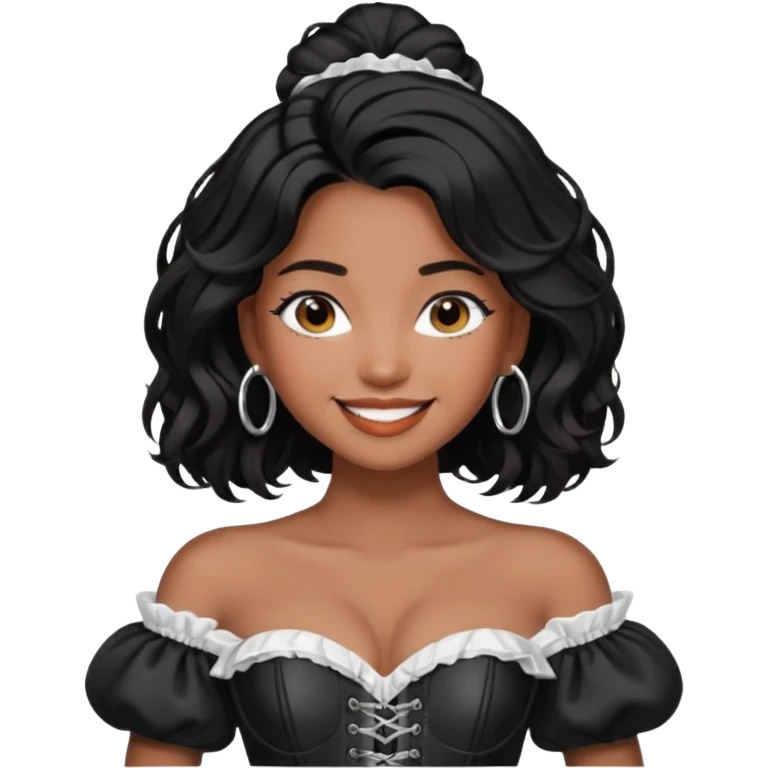generate a pretty bratz emoji that looks like Kareena Kapoor's Geet character. 
Make her wear a puff sleeve off shoulder white top with a black corset over it. silver hoops, black hair open with middle part. smiling big

She should look like Kareena Kapoor emoji