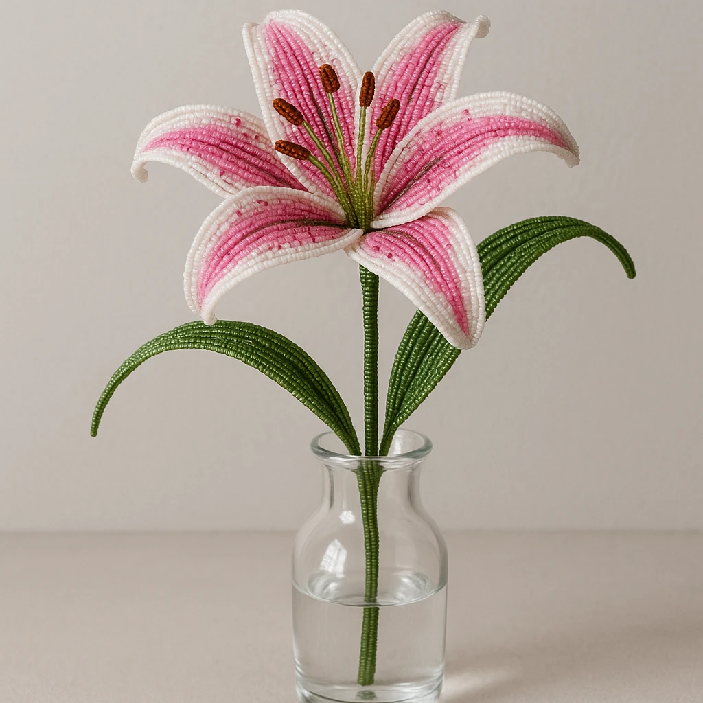 one french beaded stargazer lily with pink petals and white edges, displayed in a clear glass vase, intricate beadwork details, realistic floral composition emoji