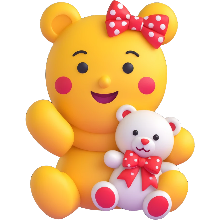 3D smiley emoji with big eyelashes, red polka dot bow, winking and holding a plush teddy bear emoji