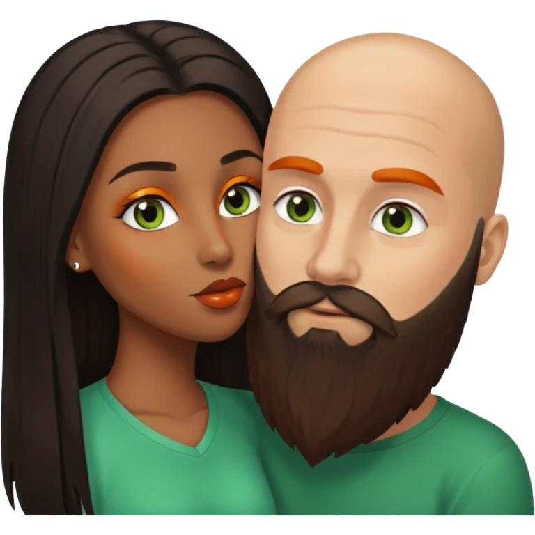 Brown eyed ebony black woman with brown eyes and long balayage brown/black hair.  She is kissing bald white man. The White man is 47yrs old, pale, he has green eyes has orange facial hair and long beard  emoji