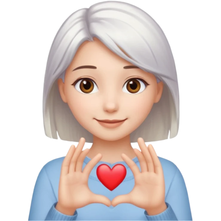 Beautiful girl. Platinum-colored hair just below the shoulders, straight, brown eyes, sweet smile. Hands in the shape of a heart. emoji