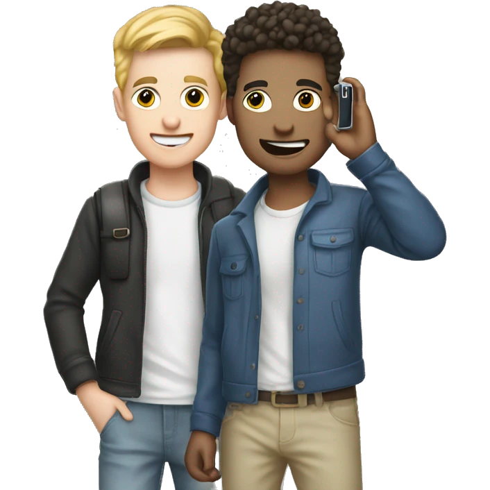 "Two male students taking photos with a cell phone.white skin emoji