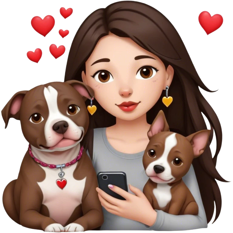 Young girl with long dark brown layered hair hair sits with her one dog who is a pretty girl pitbull with her cell phone in her hand in a small septum ring in her nose was hearts flying all around her emoji