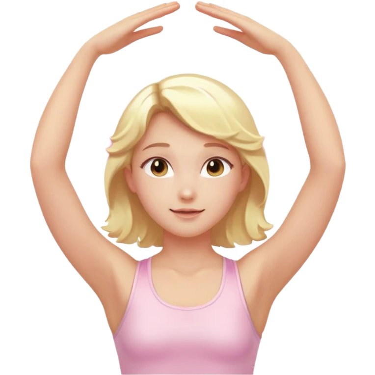 angelic blonde girl stretching in light pink gym with a glowing halo emoji