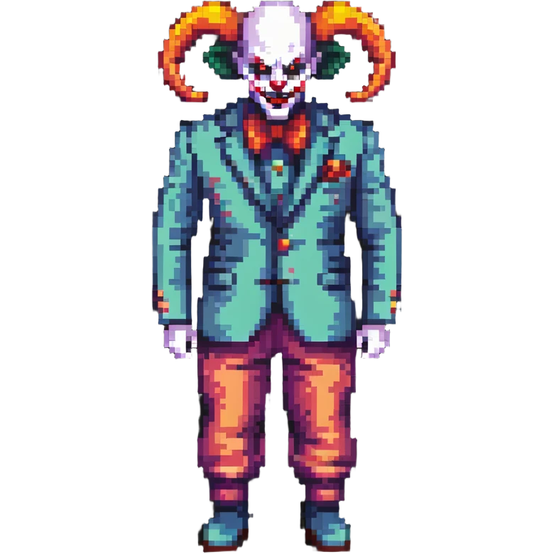 demonic clown wearing a leisure suit, bald with ram horns emoji