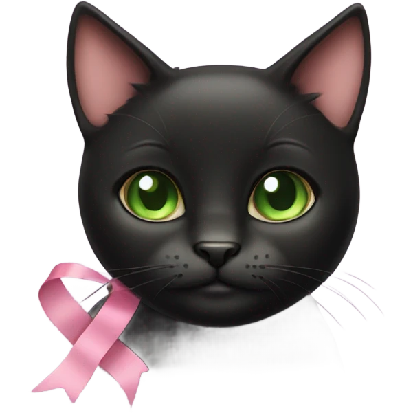 little black cat with brown spots and green eyes with pink ribbon emoji