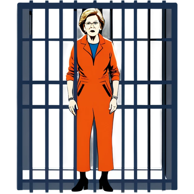 Make a picture of Senator Elizabeth Warren wearing an orange jumpsuit and behind bars make her look worried extremely worried like she just got sentenced  emoji