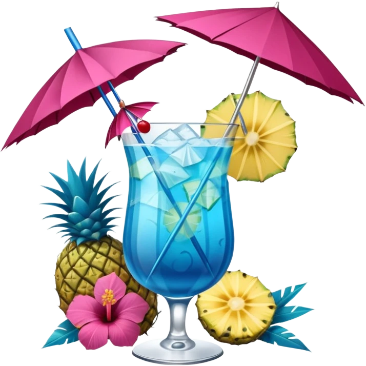 vibrant tropical fruity blue cocktail with hibiscus, pineapple slice, and paper umbrella garnish emoji