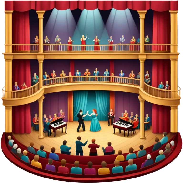 An icon depicting a theater stage with actors performing a play, illuminated by dramatic lighting. The audience watches from colorful balconies, while an orchestra plays in the pit, creating an immersive atmosphere. transparent background. emoji