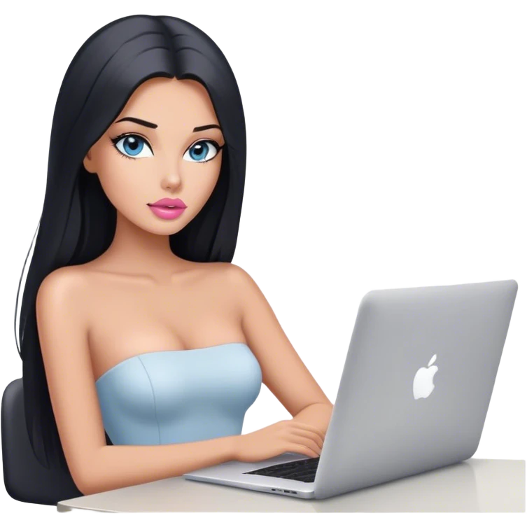 Glamours tanned very beautiful girl with pump light pink lips and black straight smooth long hair, blue-grey eyes in white strapless bodysuit with one MacBook in office emoji