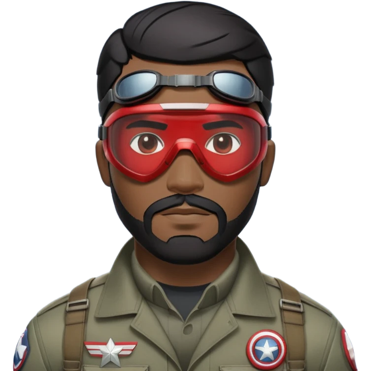 sam wilson have a short, neatly cropped black hair. It is evenly trimmed and close to the scalp, maintaining a clean and military-inspired and  a well-groomed beard that connects to his mustache,  wear sleek, red-tinted tactical goggles fit snugly from captain america: civil war emoji