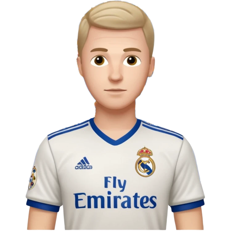 White male wearing Adidas Real Madrid jersey with Champions logo on sleeve and Fly Emirates on chest emoji