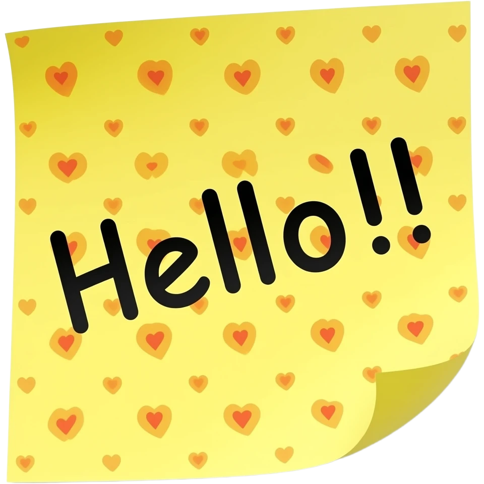 sticky note that says "Hello!!" with many tiny red heart in transparent background emoji