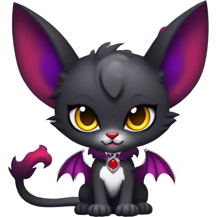 Anthro-Cute-Edgy-Cool-Vampiric-Batty-Cat-Black-Purple-Red-Grey-White-Yellow-Contrast-Colors-Fantasy-Fur-Sona-Chibi-Shiny-Fakémon-Hybrid with horns and fangs and collar full body emoji