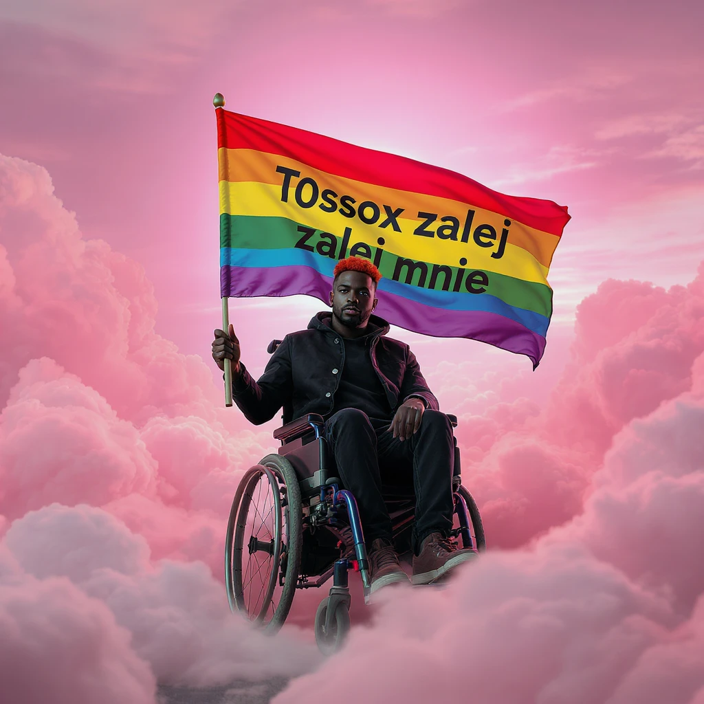 Cinematic shot advertising, Black man with red hair sitting on wheelchair holding lgbt flag holding text "T0ssox zalej mnie" pink clouds around, pink sky with pink back light emoji