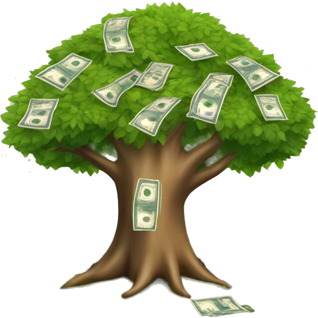 Arbre avec des billets de 100€ au milieu des feuilles emoji