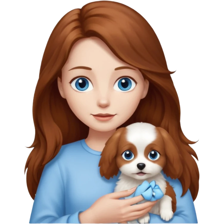 long hair chestnut color blue eyes woman holding small completely white dog emoji