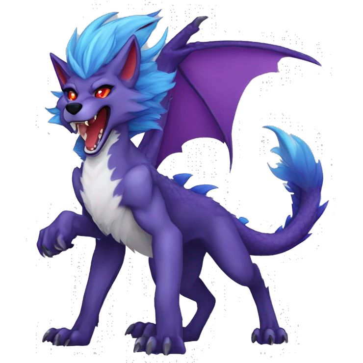 my fursona male stormkiller dragon wolf shankbat/foxtiger hybrid  with purple hair and red eyes and blue scales and hand wave  emoji