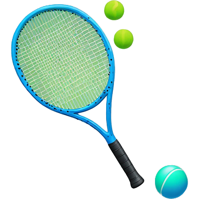 Blue racquet with blue handle an a small black ball with a green dot emoji