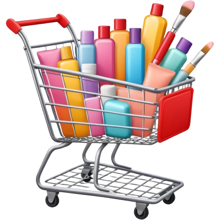 shopping cart full of brand-labeled beauty products emoji