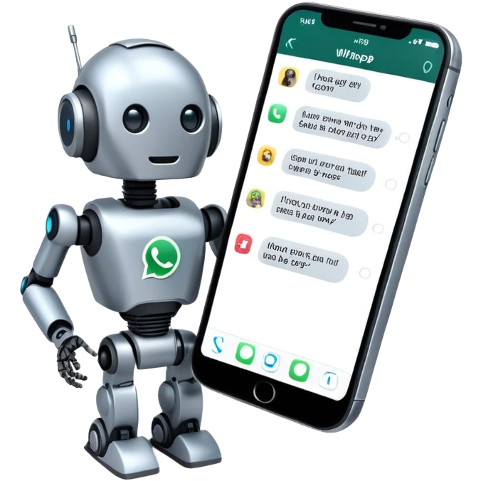 iPhone with WhatsApp chat screen showing a conversation with a robot or AI chatbot emoji