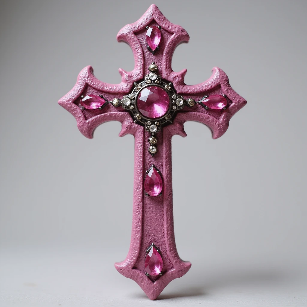 realistic gothic cross, pink with gemstone accents, photorealistic style, no background emoji