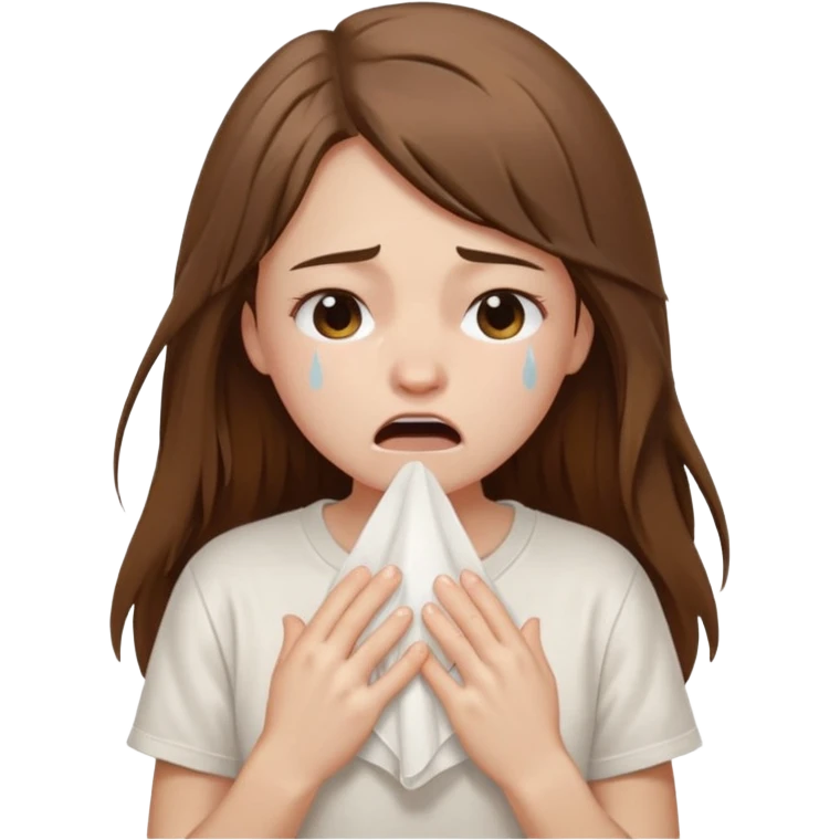 a pretty bratz fair girl crying in a loose oversized off white tshirt  with long brown hair with a tissue box emoji