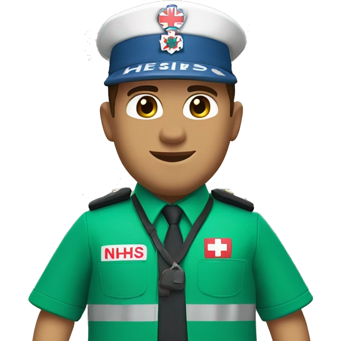 Male paramedic, uk ambulances service green uniform with NHS logo and ambulance crown crest on pockets, brown hair, light tanned skin emoji