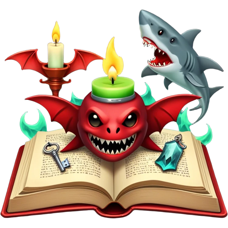 Icon for Horror & Mystery Reading: an open book with eerie glowing symbols, from which rise Dracula with fangs, flying bats, a zombie hand, and a lurking shark with sharp teeth. Surrounding elements include a flickering candle and an old key. Transparent background. emoji