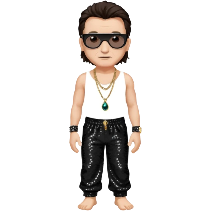 Bono with dark brown hair, black sequin baggy pants, shirtless with necklace, light skin emoji
