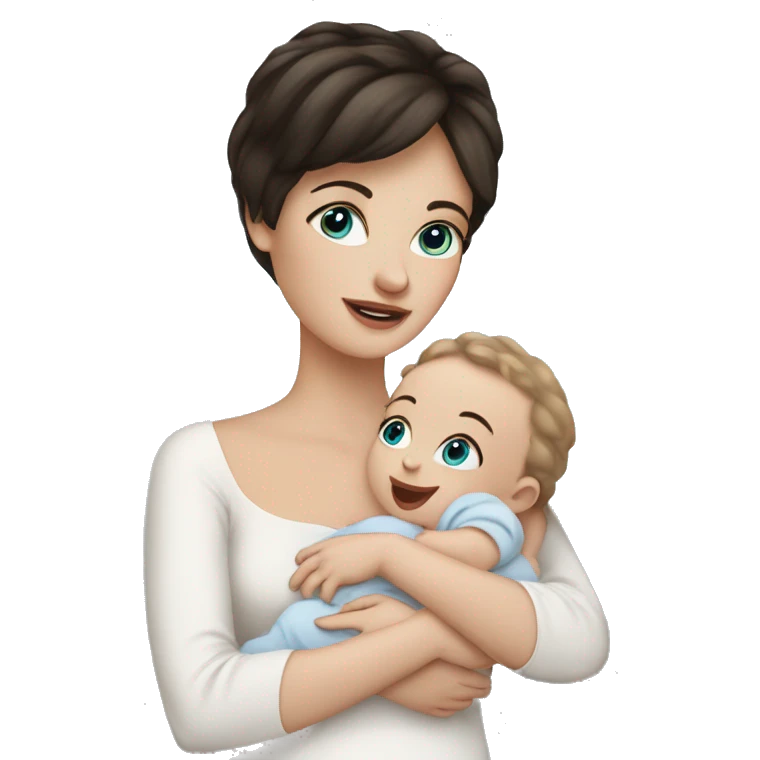 mom holding newborn baby girl with blue eyes and white skin baby dark hair white skin emoji