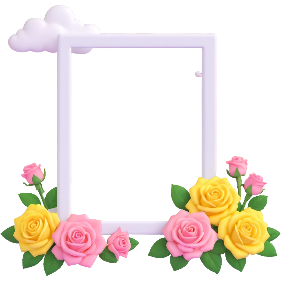 Polaroid photo frame with yellow roses and a pink sky with stars and clouds, detailed, visible Polaroid frame, white background emoji