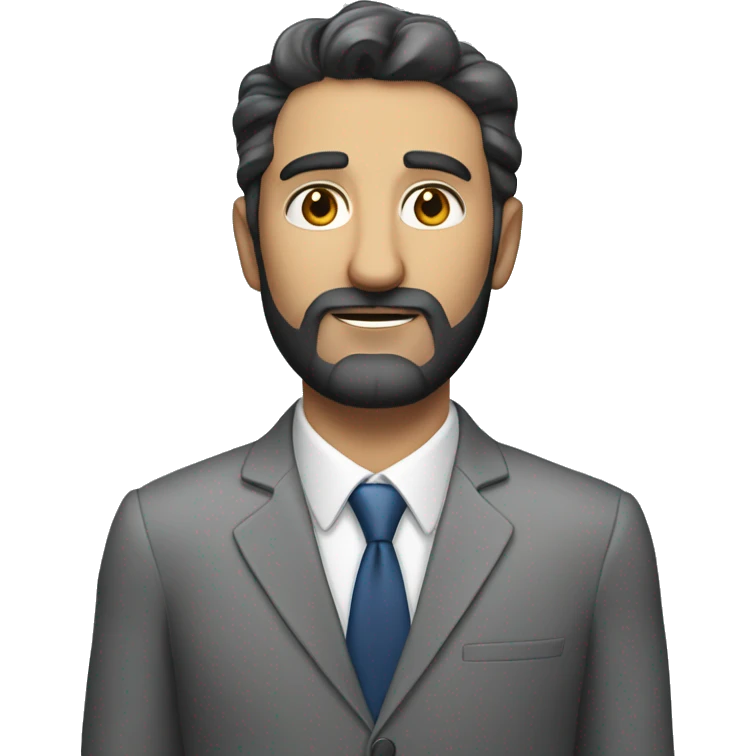 white man in a gey suit short dark beard standing in  pesentation emoji